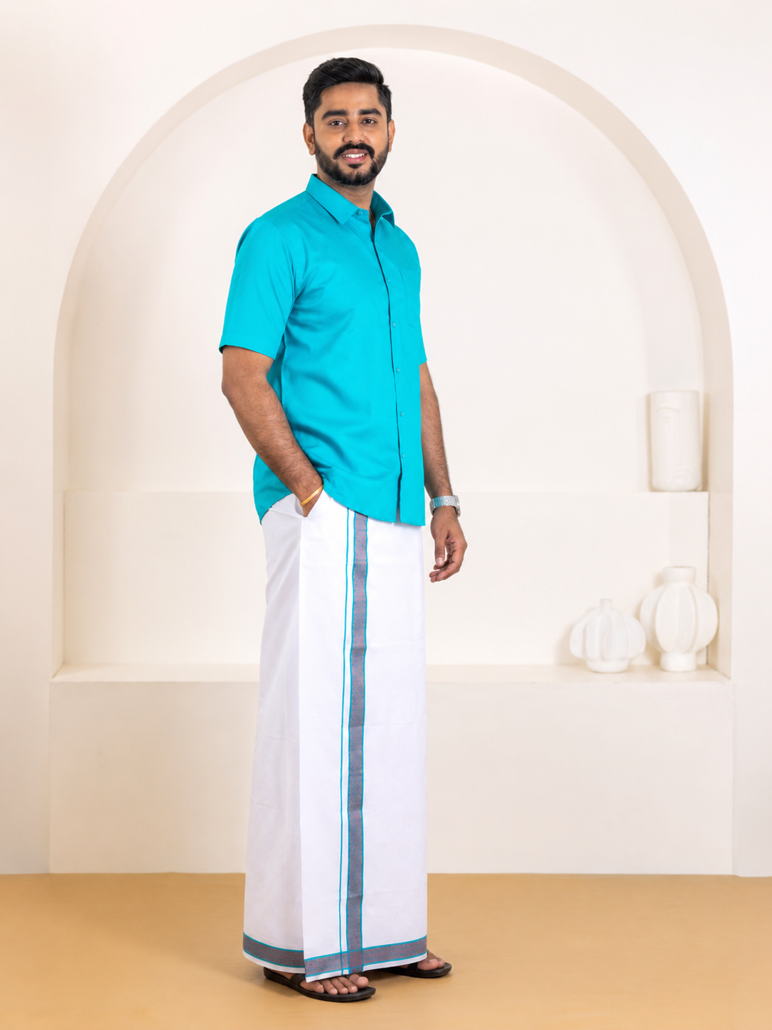 100% Cotton Jungle Green Shirt and Colour Jari Border Dhoti Set BT11