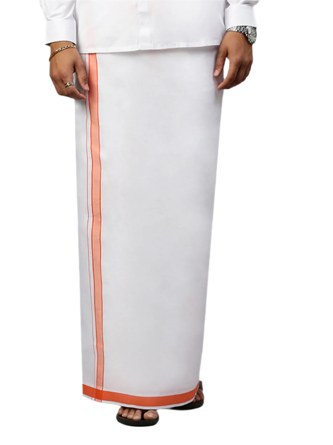 Men Single Layer Cotton Blend White Dhoti with Fancy Border Winner Plain WP11