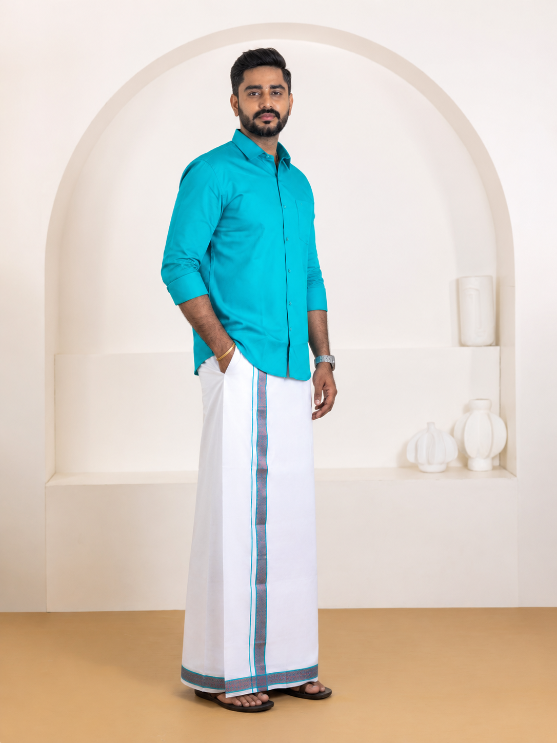100% Cotton Jungle Green Shirt and Colour Jari Border Dhoti Set BT11