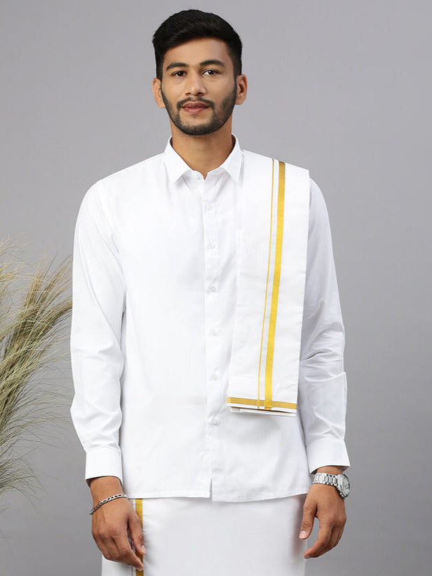 Men White Full Sleeves Shirt with 3/4'' inch Gold Jari Border Single Layer Dhoti & Towel Combo
