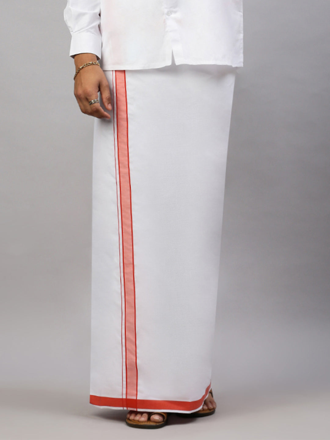 Men White Shirt with Scarlet Orange Border Single Layer Dhoti Combo WP17