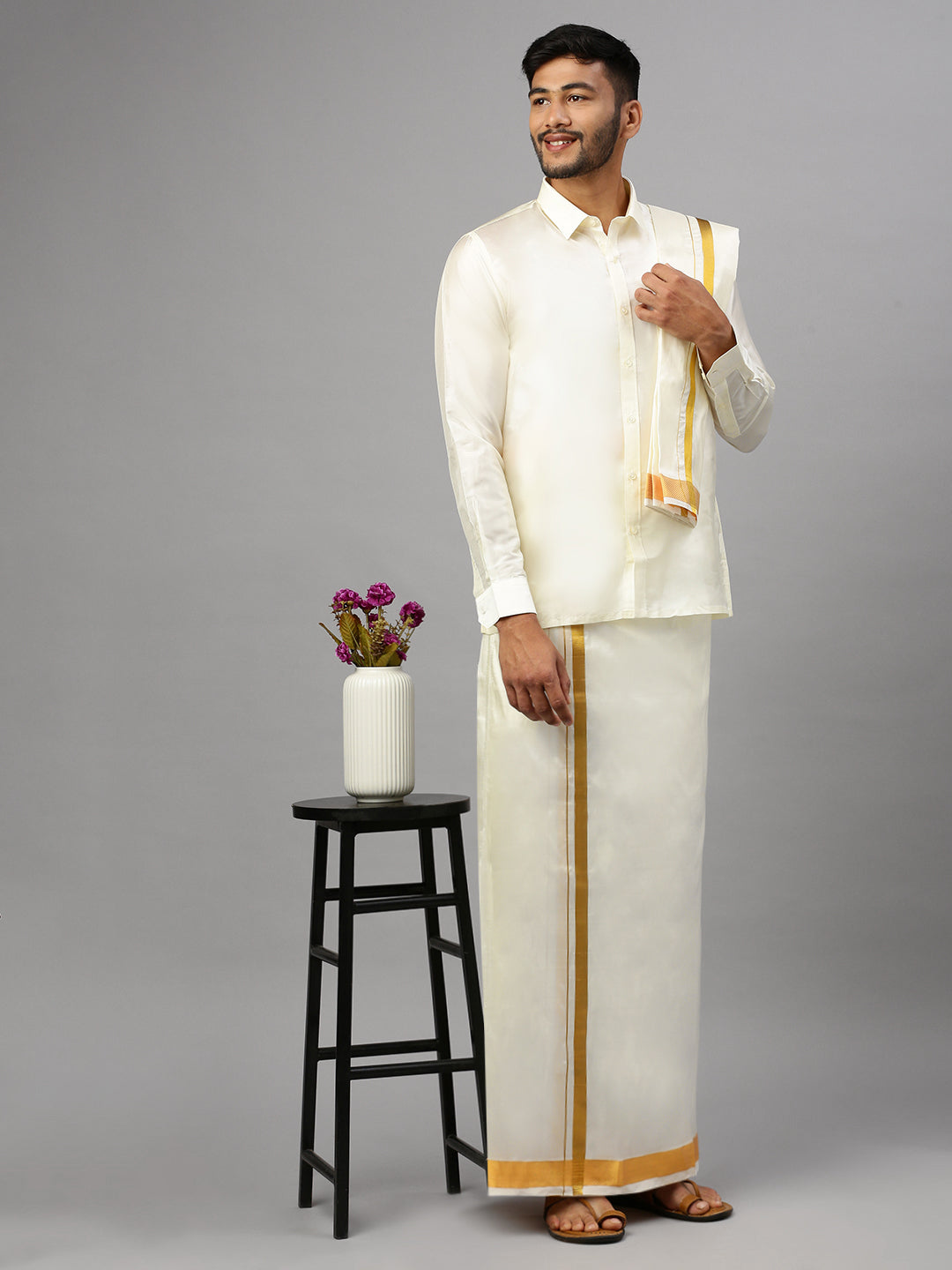 Men Art Silk Full Sleeves Shirt Dhoti & Towel Combo Cream