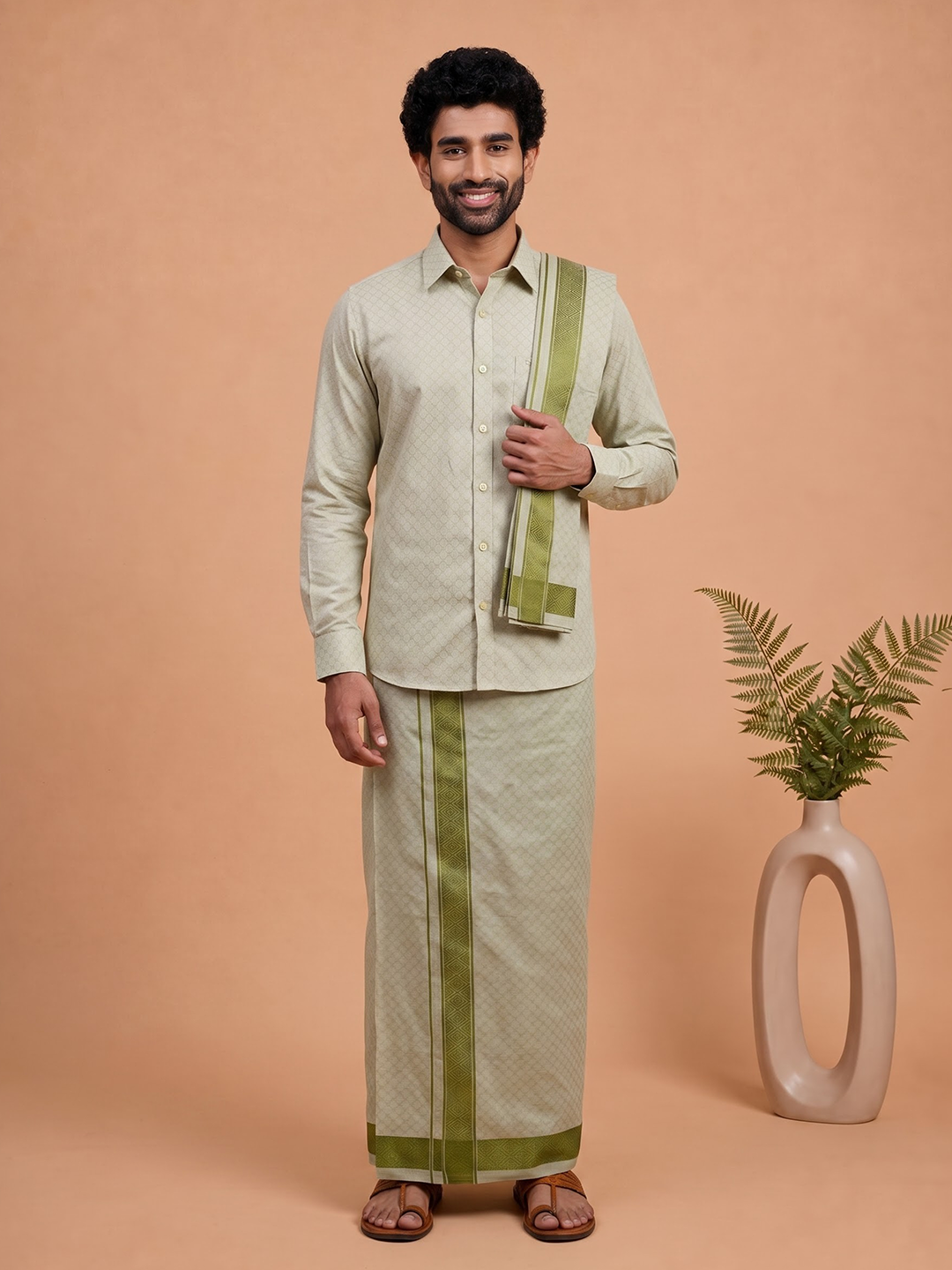 Tissue Moss Green Jacquard Shirt, Dhoti & Towel Set Set (3-in-1) | MGD13