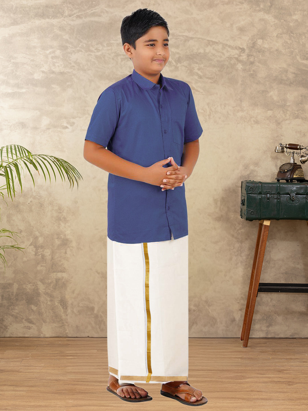 Boys Vetti Vaaram Dhoti & Shirt Combo Dark Blue