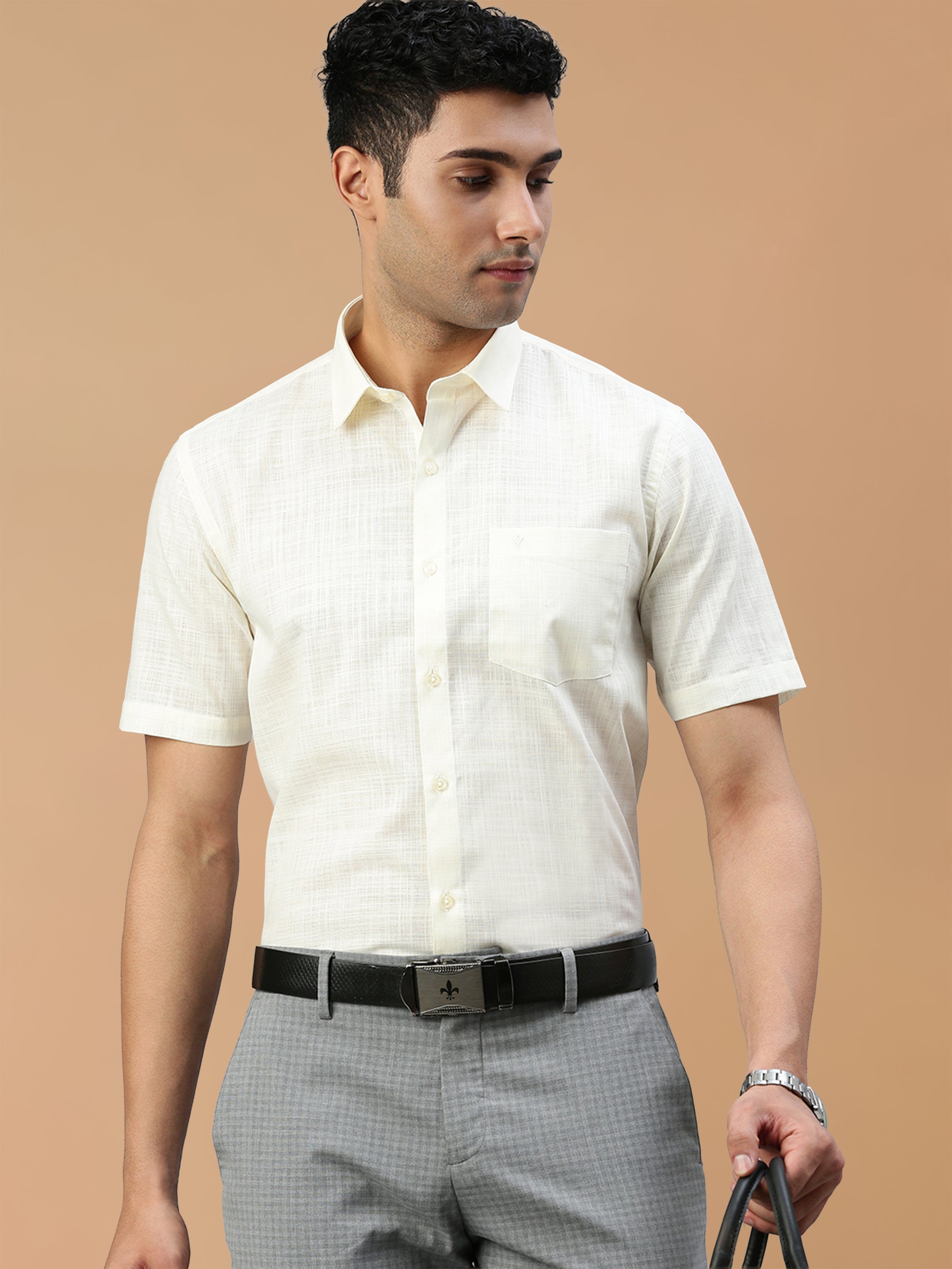 Cotton Rich Self Design Cream Regular Fit Shirt Celebrity