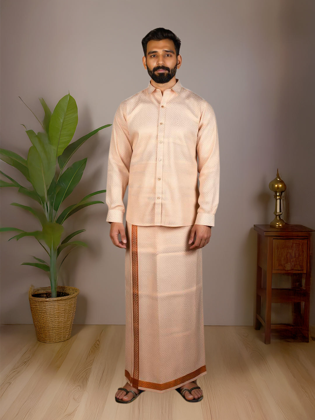 Men Copper Tissue Jacquard Full Sleeves Shirt with Matching Dhoti Set CD12