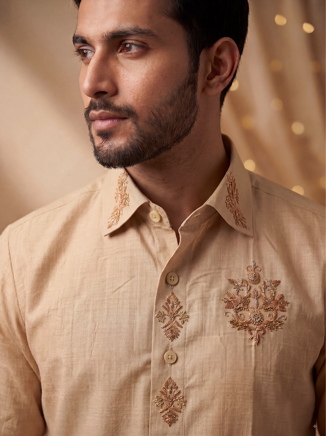 Premium Pure Tussar Silk Hand Embroidered Shirt & Dhoti Set with Royal Butta Detailing Signature Chest Emblem Jari | Rajarudhran