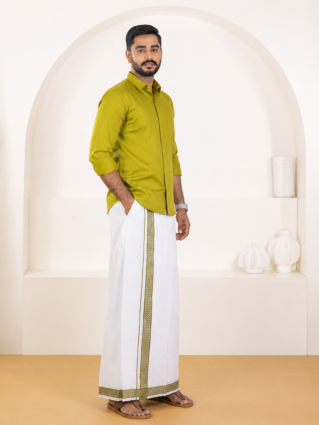 100% Cotton Pesto Shirt and Colour Jari Border Dhoti Set BT9