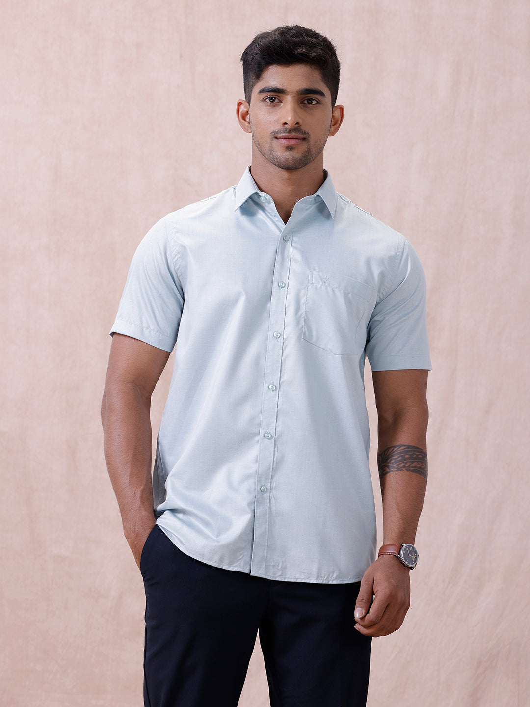 Men Cotton Rich Shirt LT Teal Blue T61 AKT4