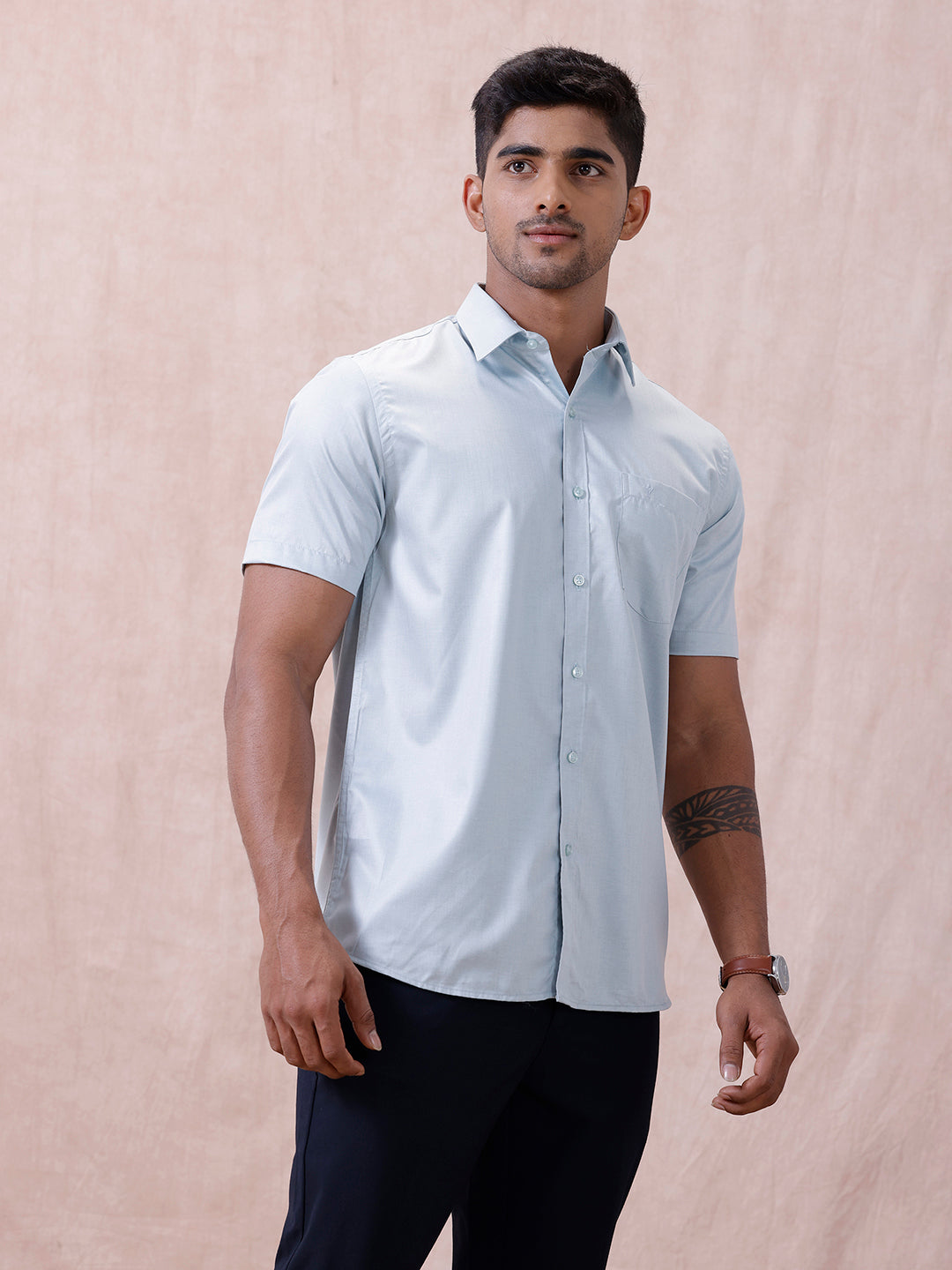 Men Cotton Rich Shirt LT Teal Blue T61 AKT4