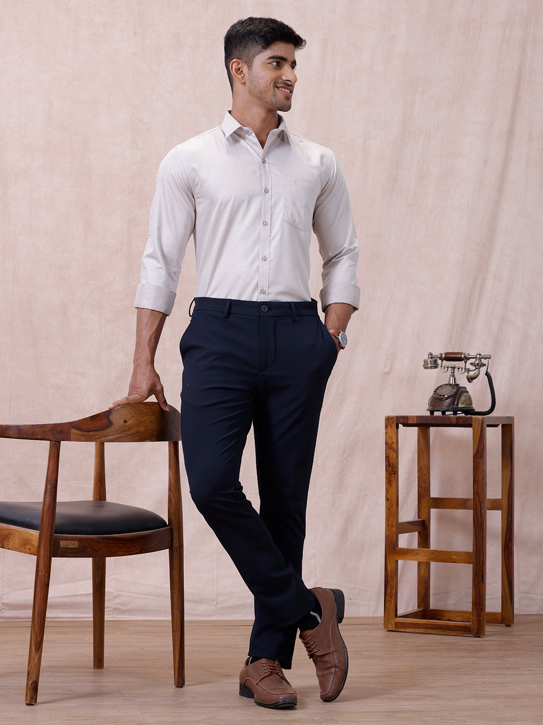 Men Cotton Rich Shirt LT Beige Grey T61 AKT5