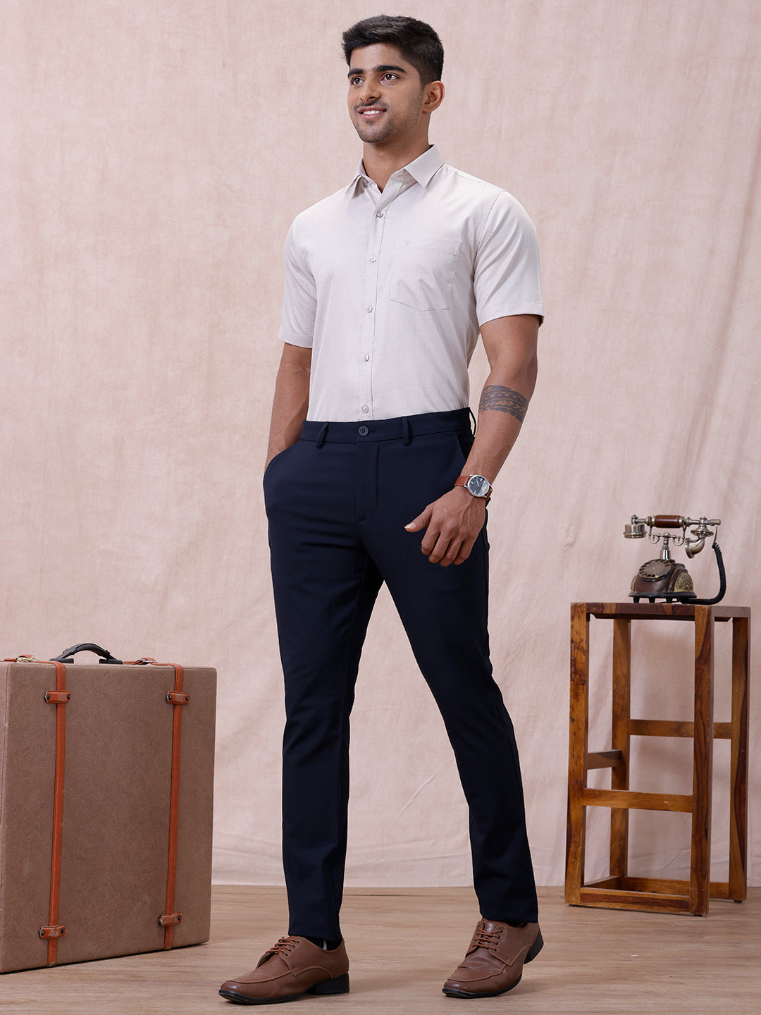 Men Cotton Rich Shirt LT Beige Grey T61 AKT5