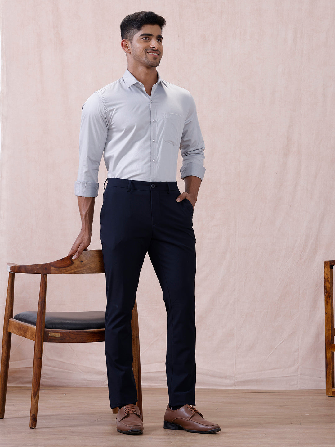 Men Cotton Rich Shirt LT Blue Grey T61 AKT6