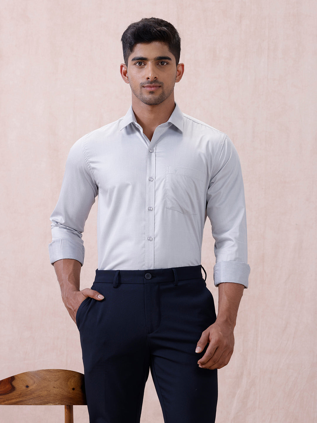 Men Cotton Rich Shirt LT Blue Grey T61 AKT6