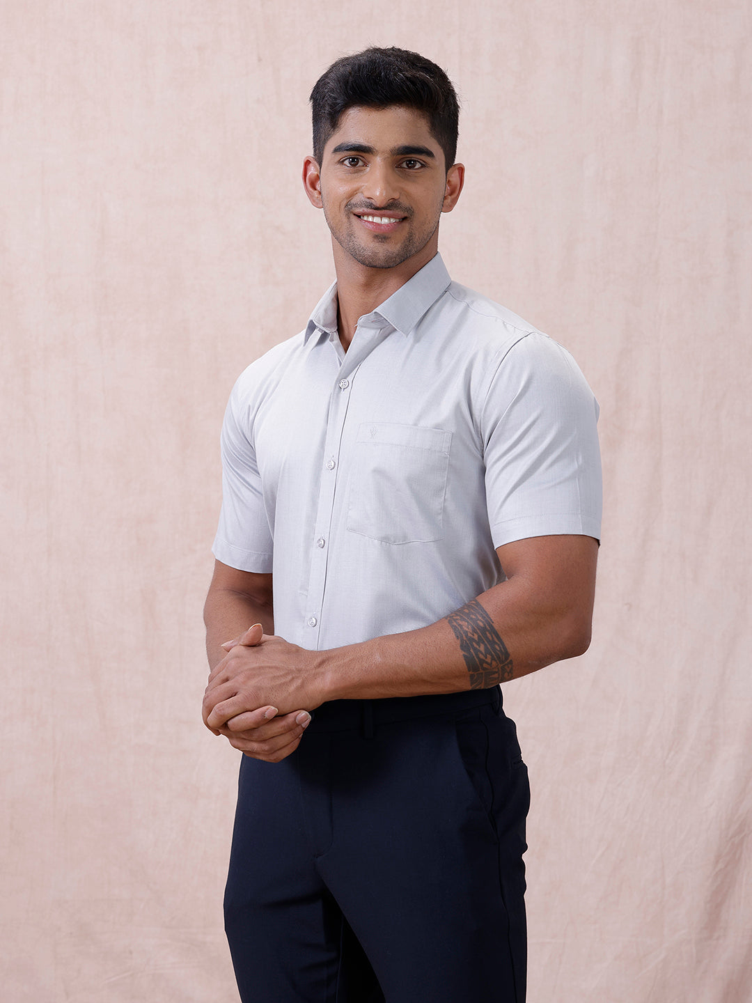 Men Cotton Rich Shirt LT Blue Grey T61 AKT6