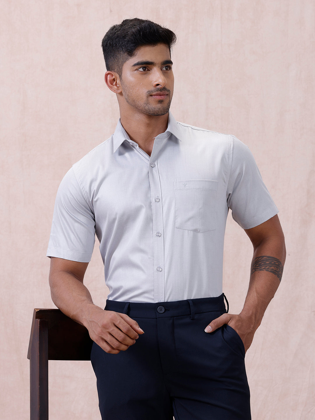 Men Cotton Rich Shirt LT Blue Grey T61 AKT6