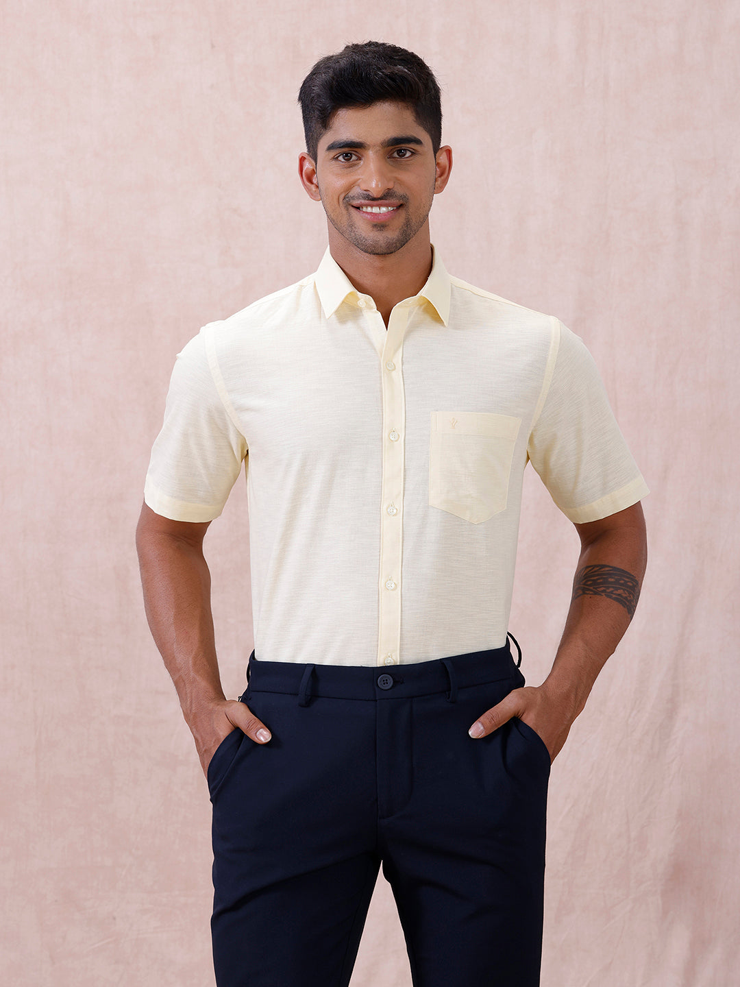 Men Cotton Rich Shirt LT Pale Yellow T64 ANT3