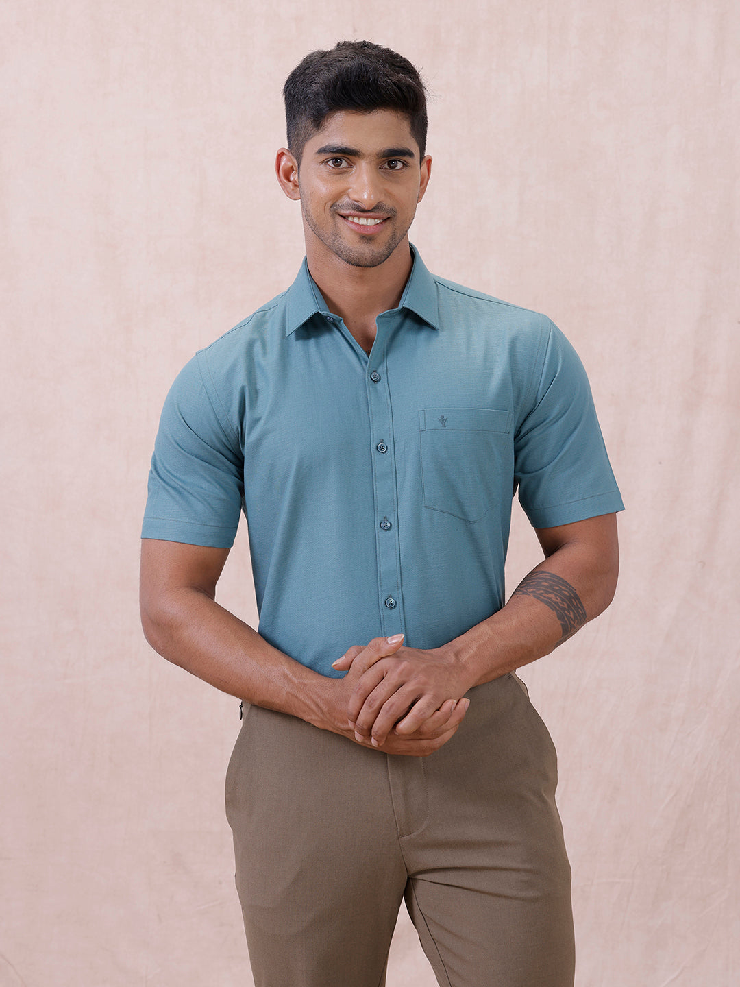 Men Cotton Rich Shirt DK Teal Green T64 ANT7