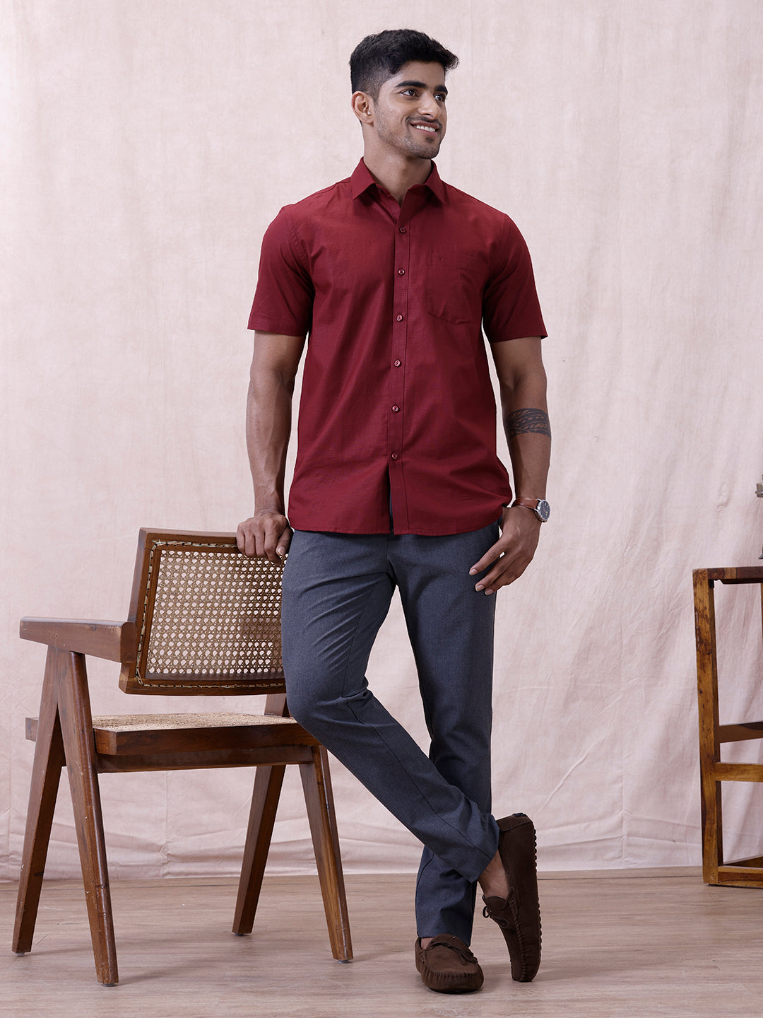 Men Cotton Rich Shirt DK Berry Red T64 ANT8
