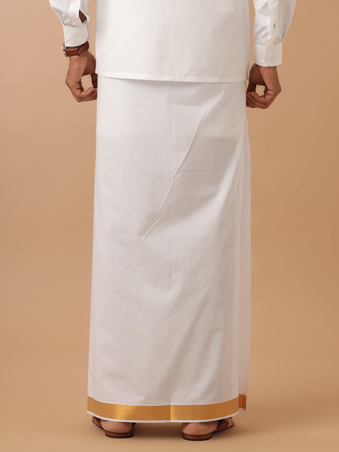 Men 100% Cotton Double Layer White Dhoti with 1 1/2" Gold Jari Border - Gold Spl Plain