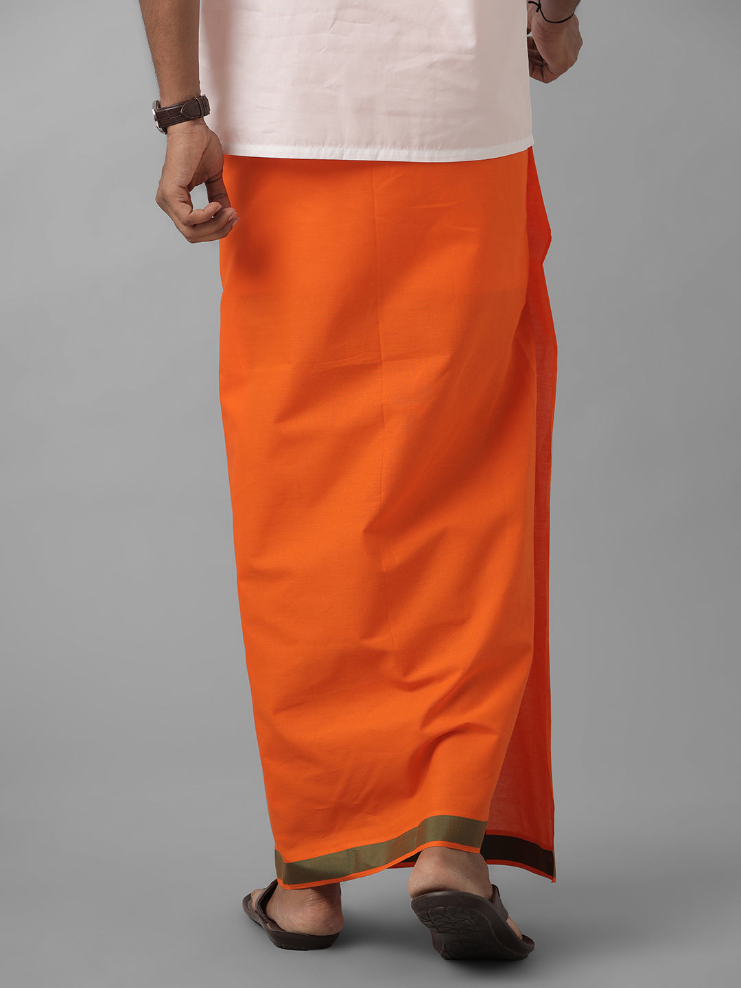 Men 100% Cotton Single Layer Orange Dhoti with Assorted Border Ahimsa