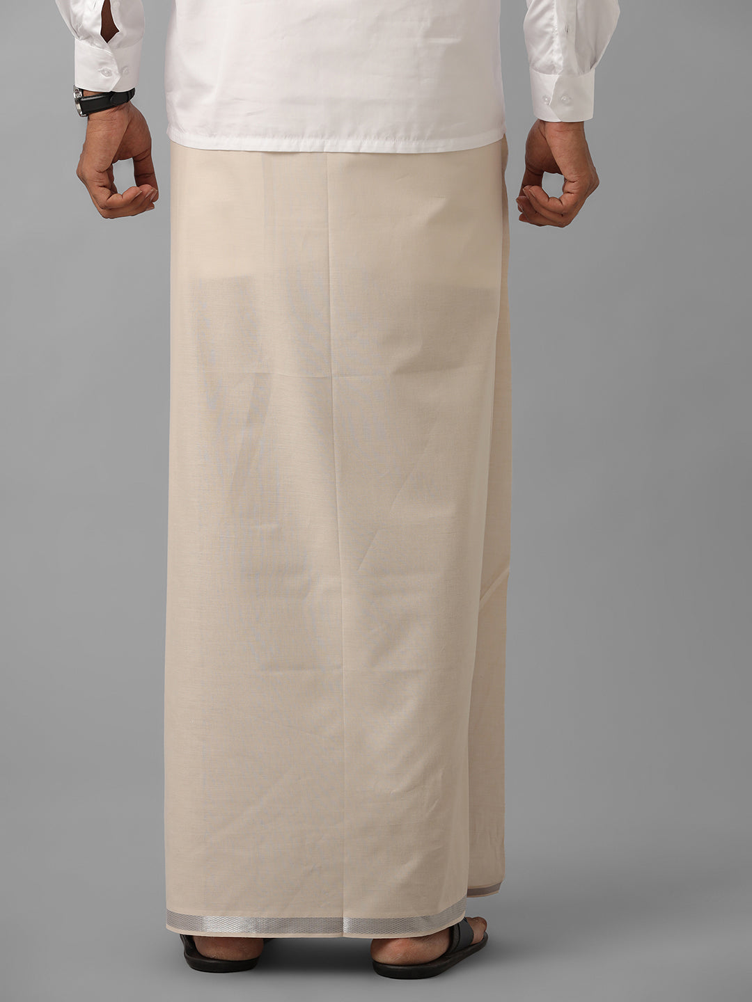 Men Cotton Blend Single Layer Sandal Dhoti with Silver Jari Border