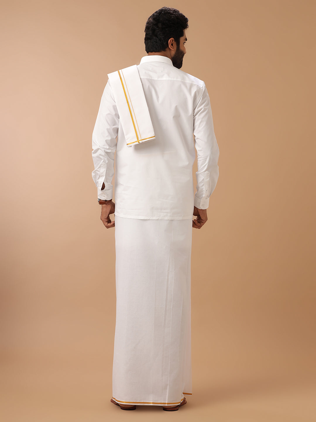 Men 100% Cotton Double Layer White Dhoti & Towel Set with Gold Jari Border Kalasadan