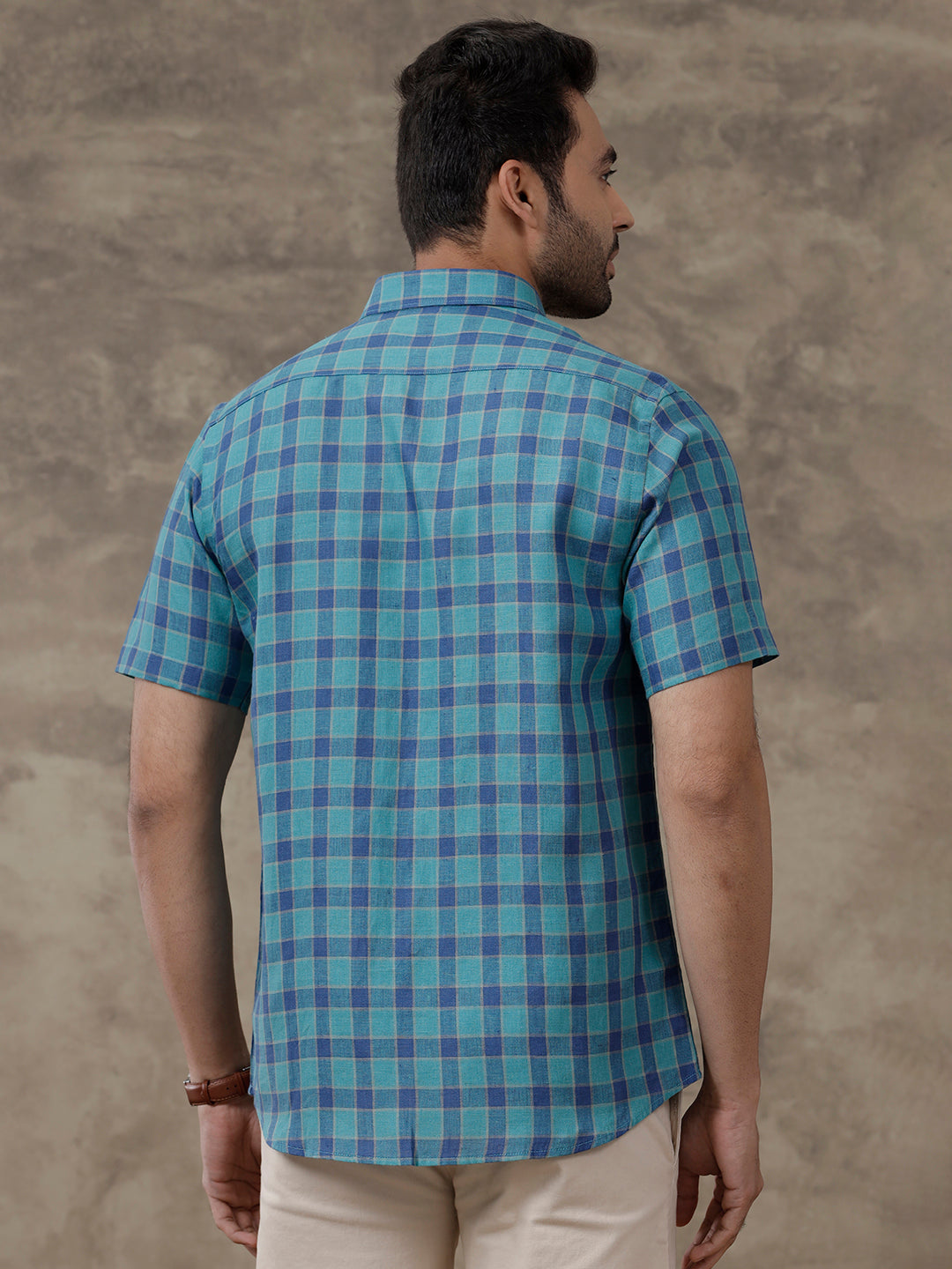 Men Pure Linen Checked Shirt Blue LS58