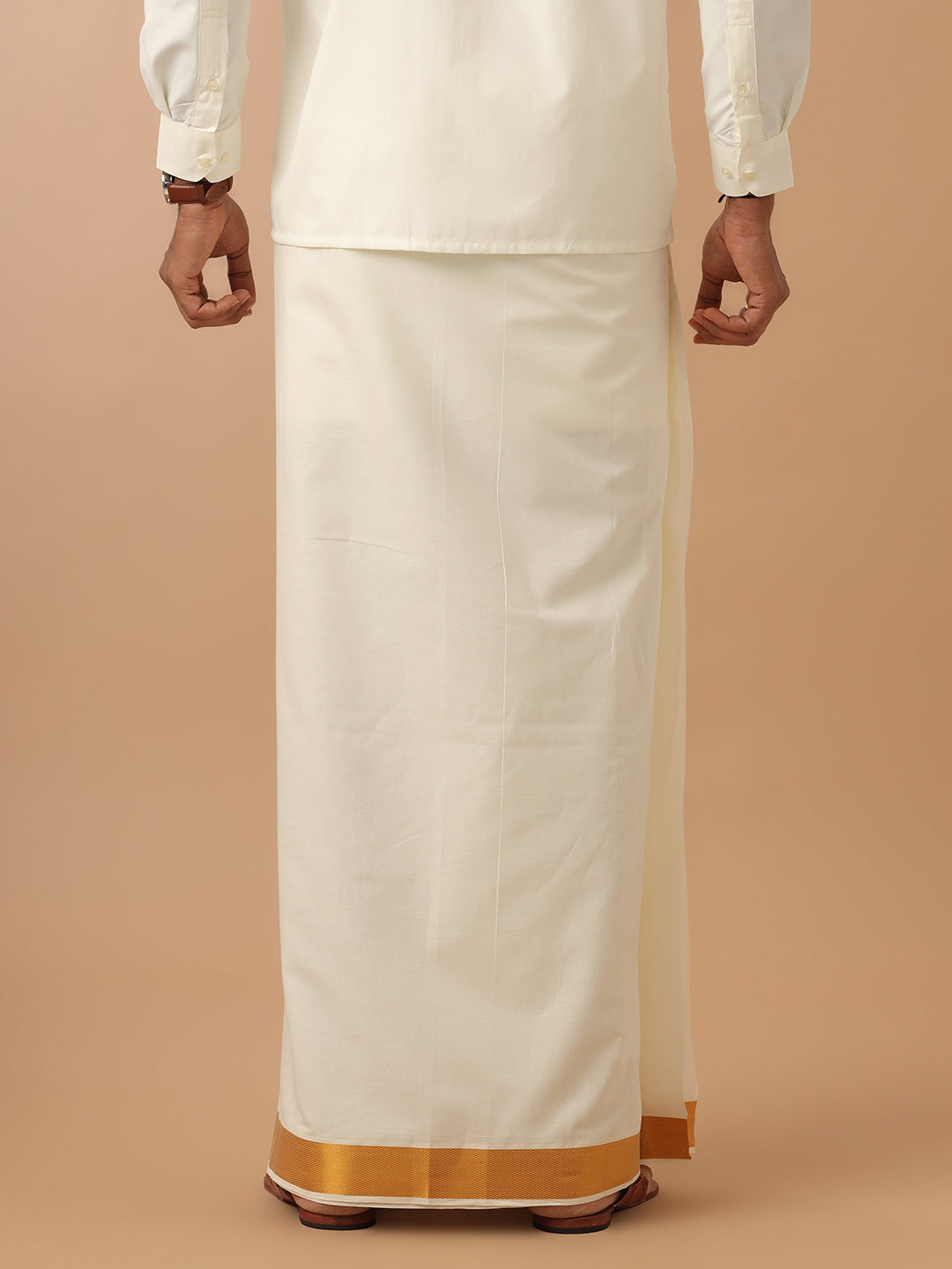 Men Cotton Blend Double Layer Cream Dhoti with 2" Jari Border Gold Fine Pet