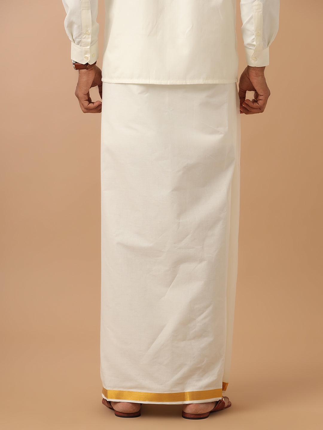 Men Cotton Blend Double Layer Dhoti Cream Dhoti with 1" Gold Jari Border Samskara