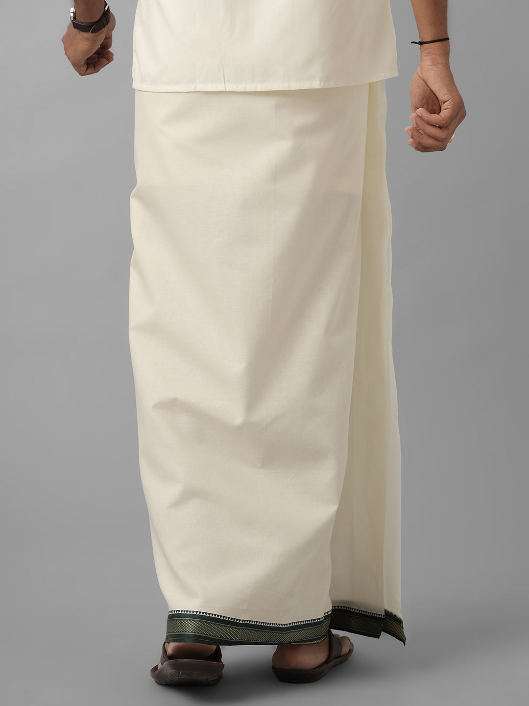 Men Kora Cotton Double Layer Cream Dhoti with Fancy Border Golden Eye