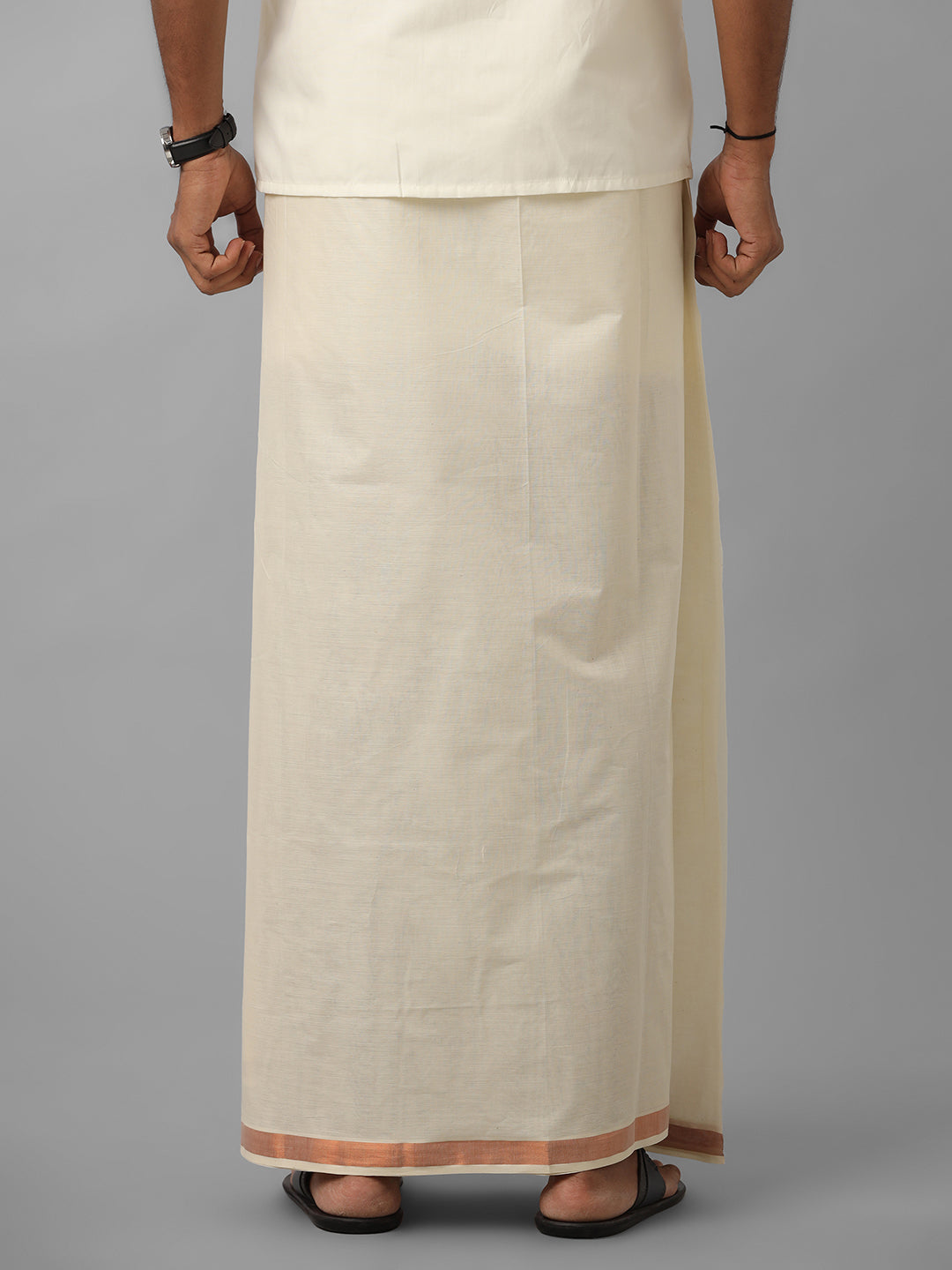 Men Kora Cotton Double Layer Dhoti with Copper Jari  Border Mangal