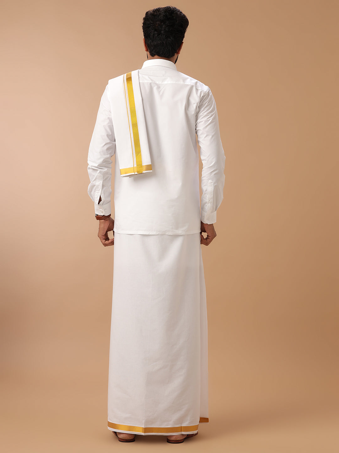 Men 100% Cotton Double Layer White Dhoti & Towel Set with 1" inch Gold Jari Border Kalasadan