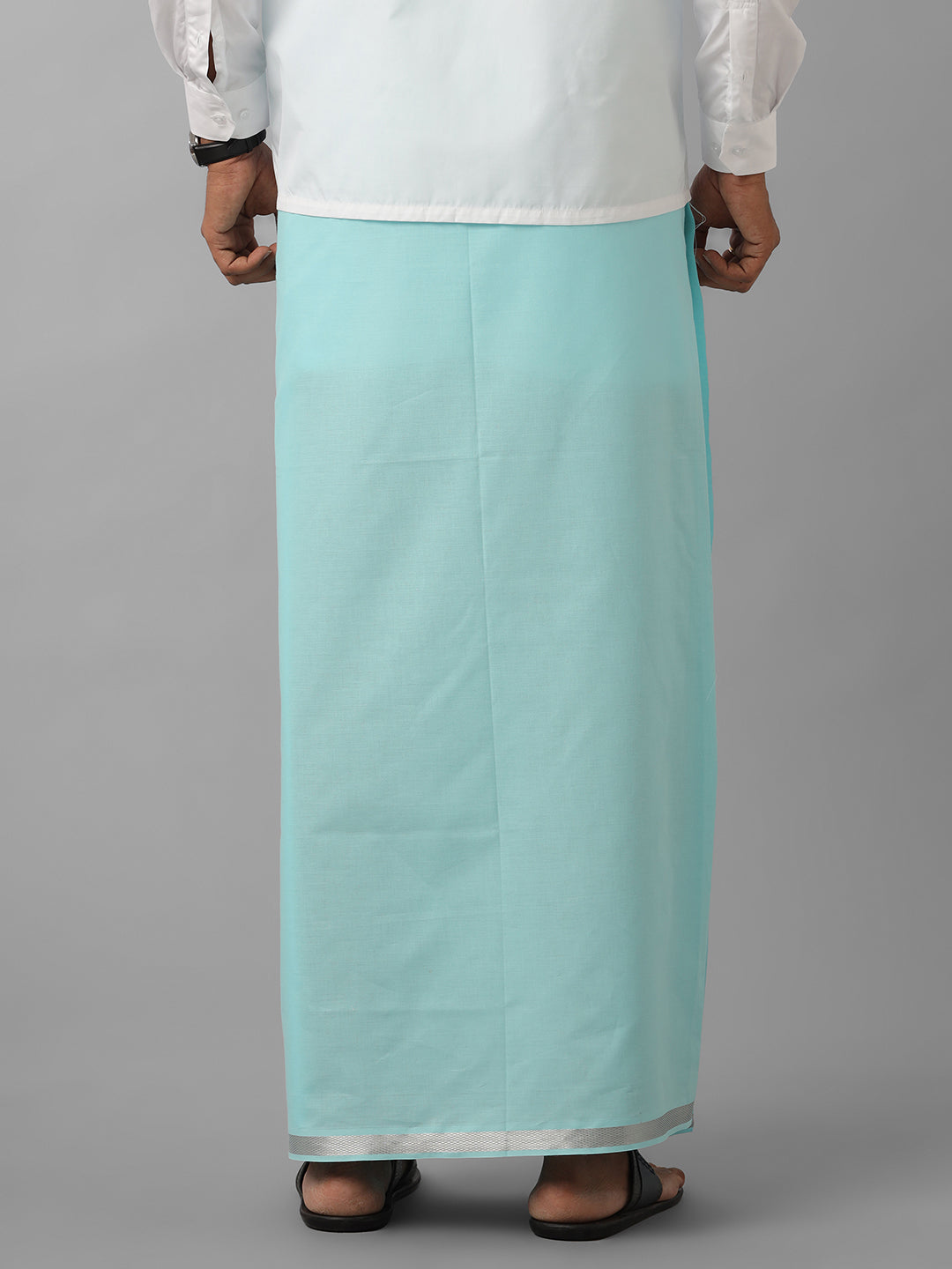 Men Cotton Blend Single Layer Blue Dhoti with Silver Jari Border Cosmic