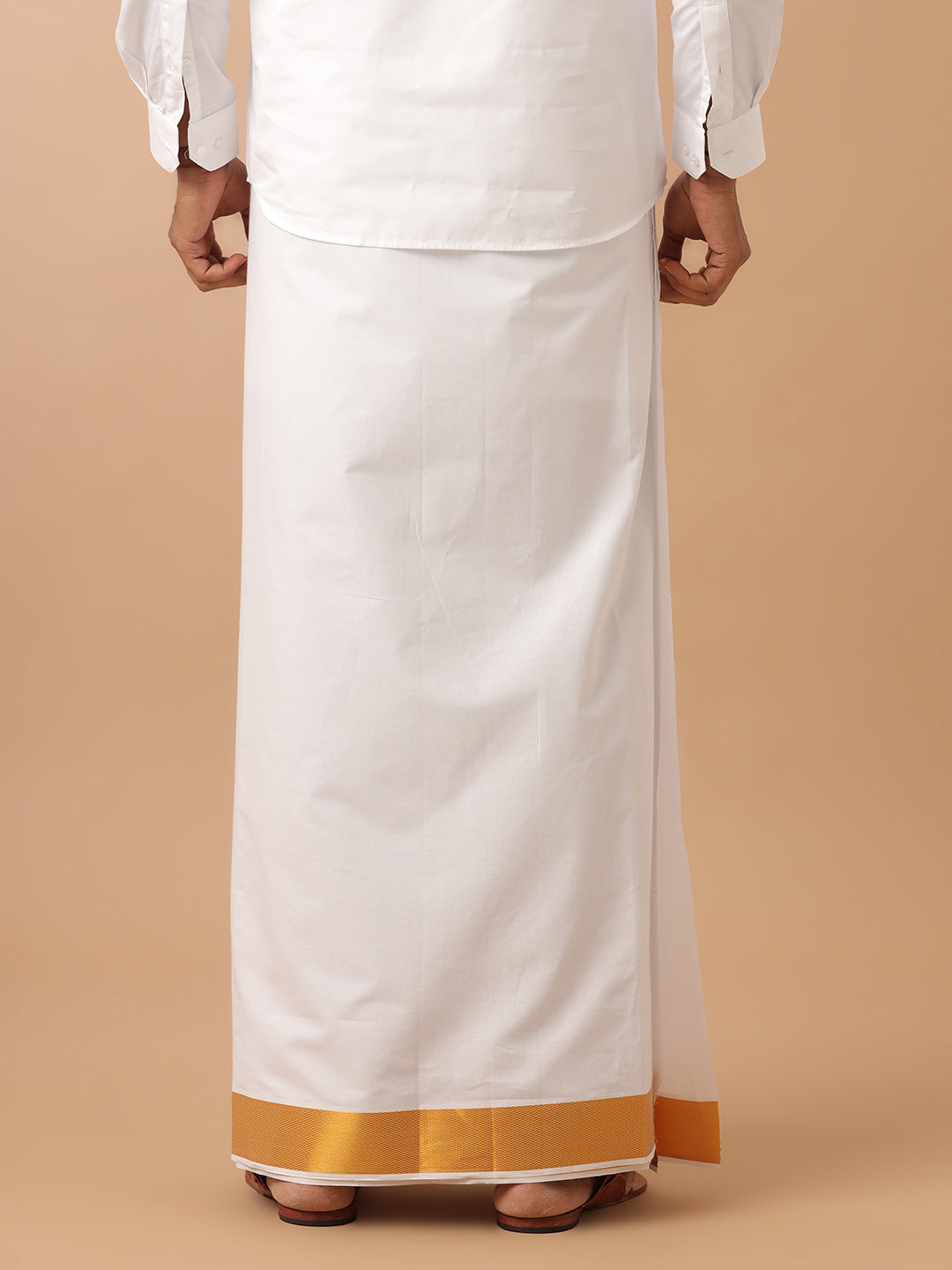Men 100% Cotton Double Layer White Dhoti with 2 1/2" Gold Jari Border Kaviyam