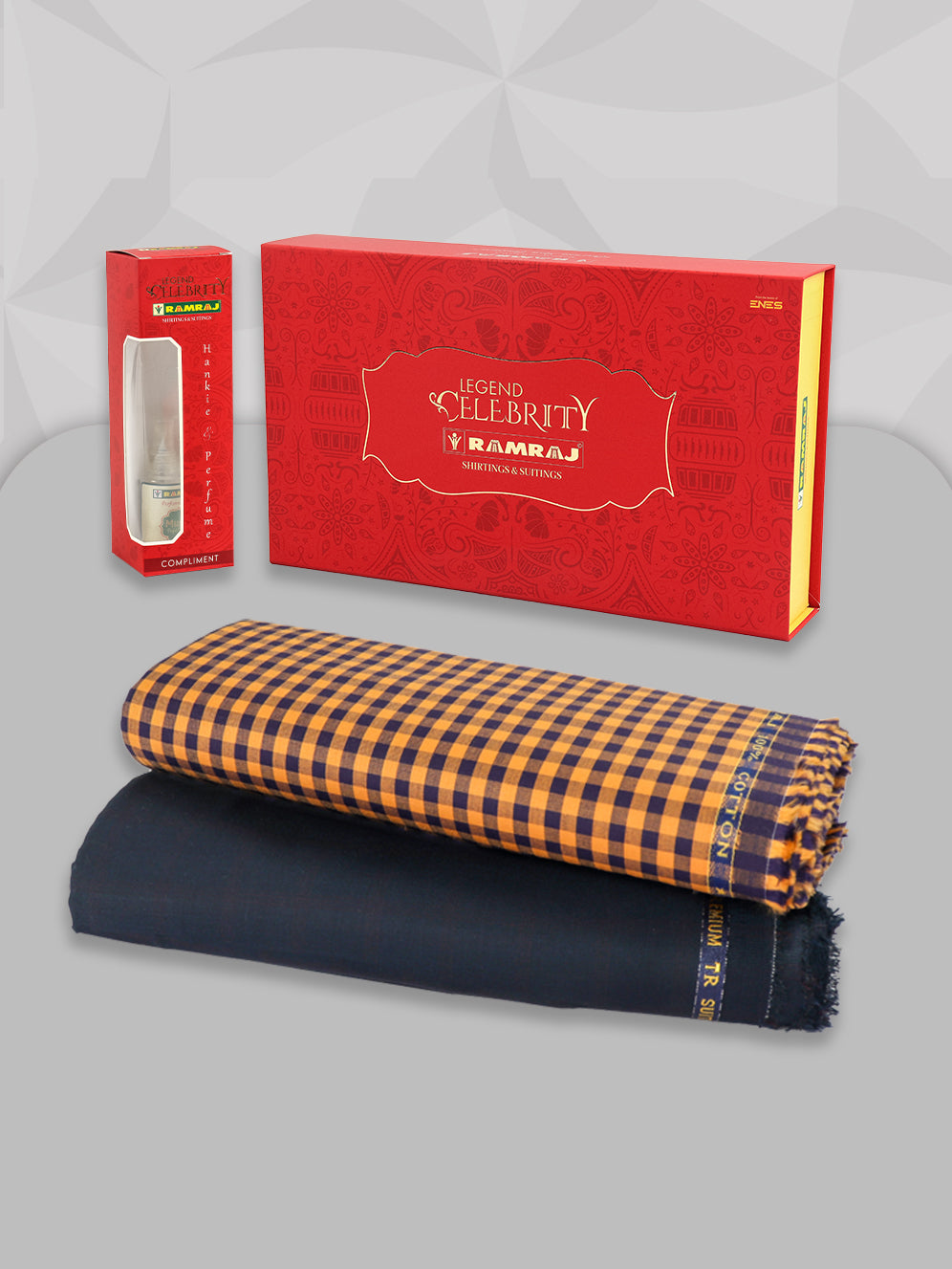 Men 100% Premium Cotton Checked Orange Shirting & Navy Suiting Gift Box LC04