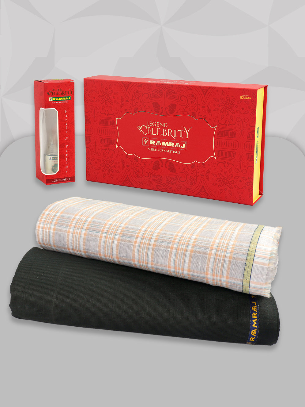 Men 100% Premium Cotton Checked Grey Shirting & Black Suiting Gift Box LC01