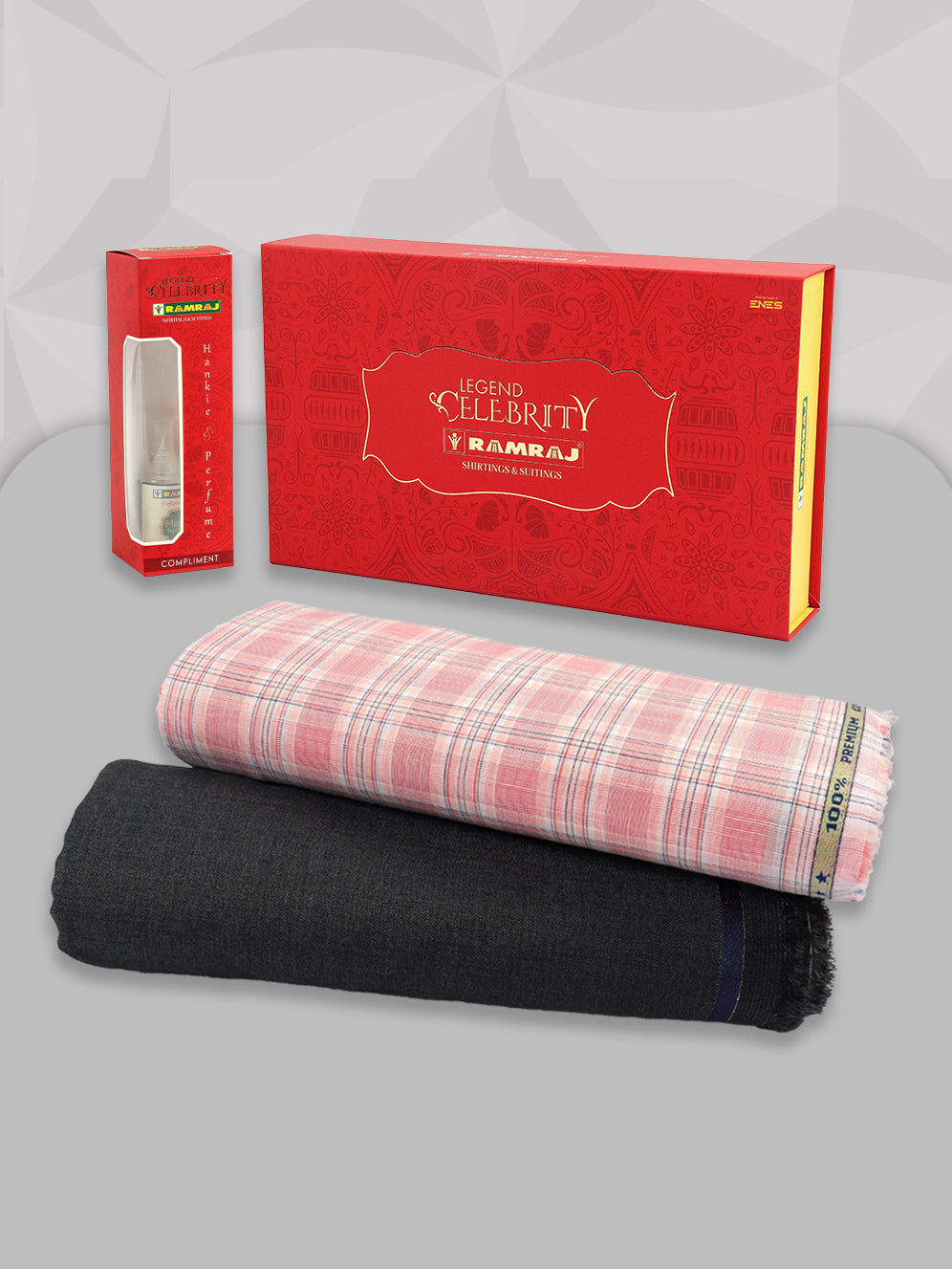 Men 100% Premium Cotton Checked Pink Shirting & DarkGrey Suiting Gift Box LC02