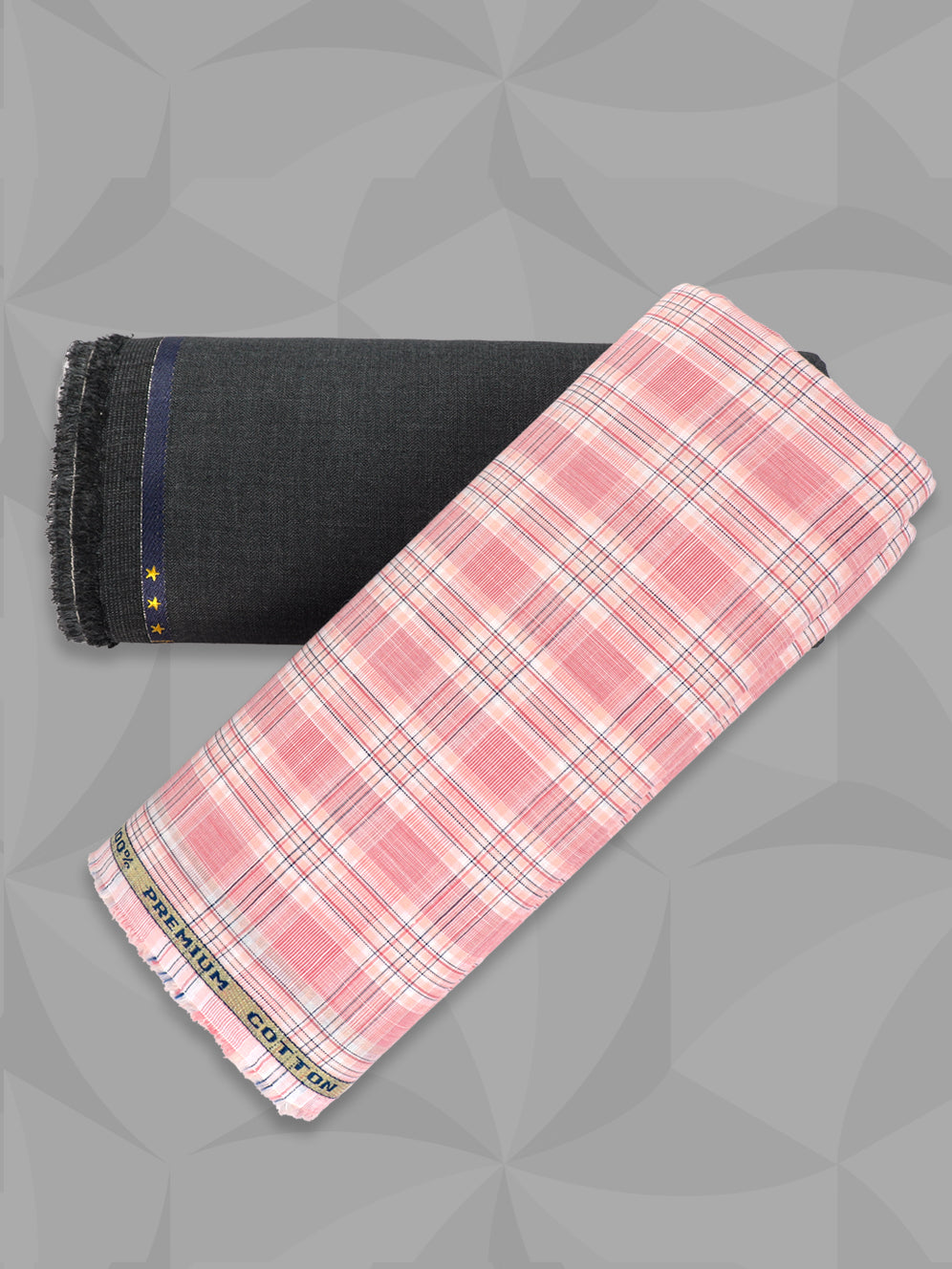 Men 100% Premium Cotton Checked Pink Shirting & DarkGrey Suiting Gift Box LC02