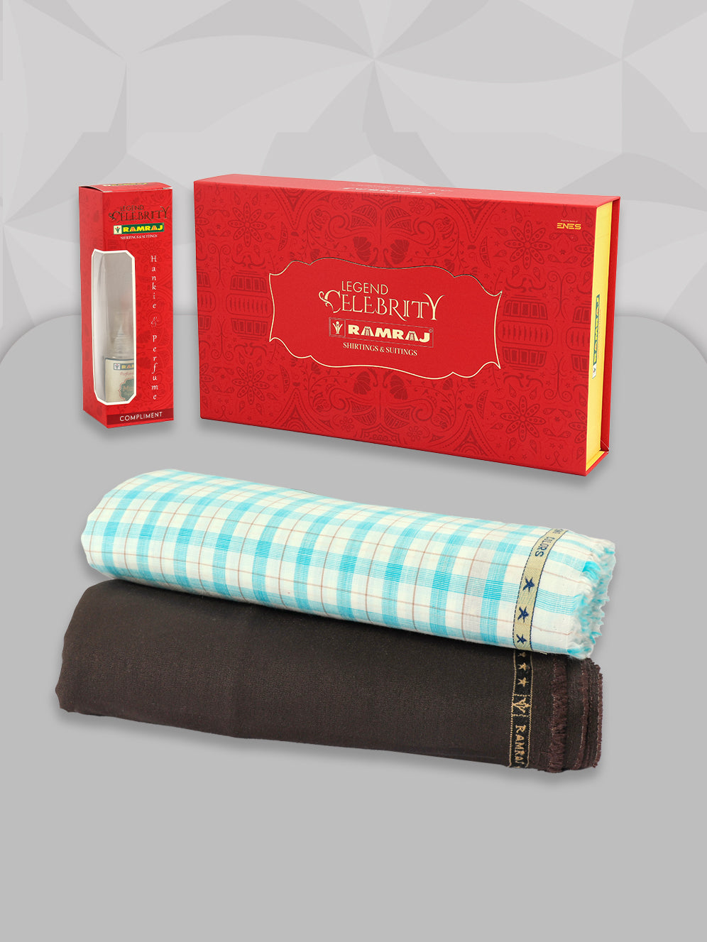Men 100% Premium Cotton Checked Blue Shirting & Brown Suiting Gift Box LC03