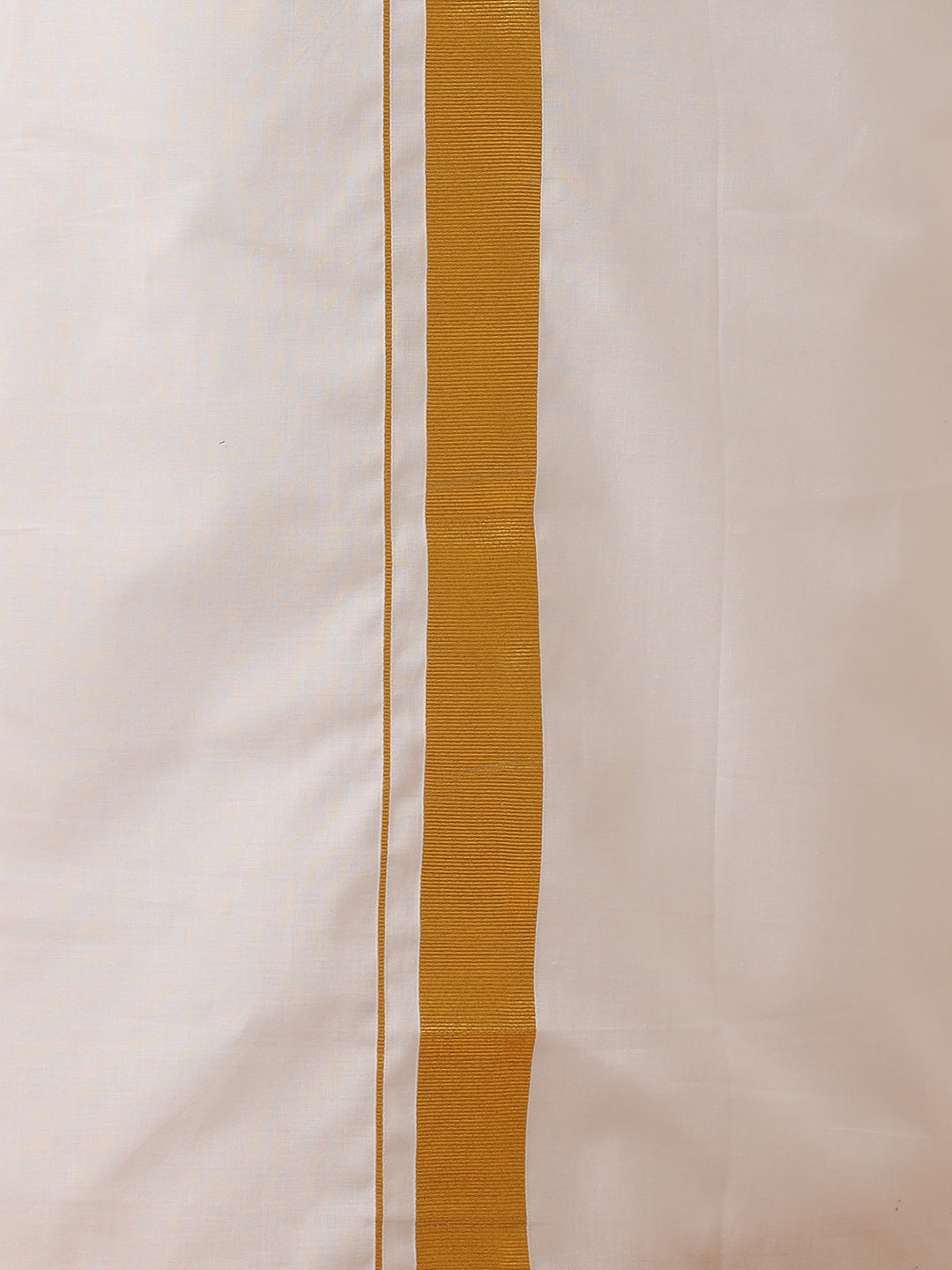 Men 100% Cotton Double Layer White Dhoti with 1 1/2" Gold Jari Border - Gold Spl Plain