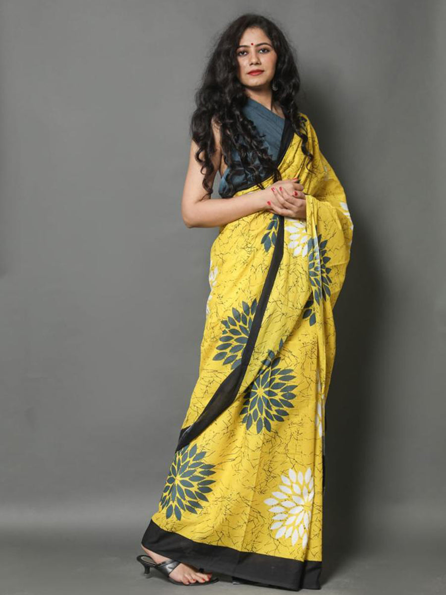 Womens Gorgeous Yellow With Black Colour All over Printed Pure Cotton Saree PCS24