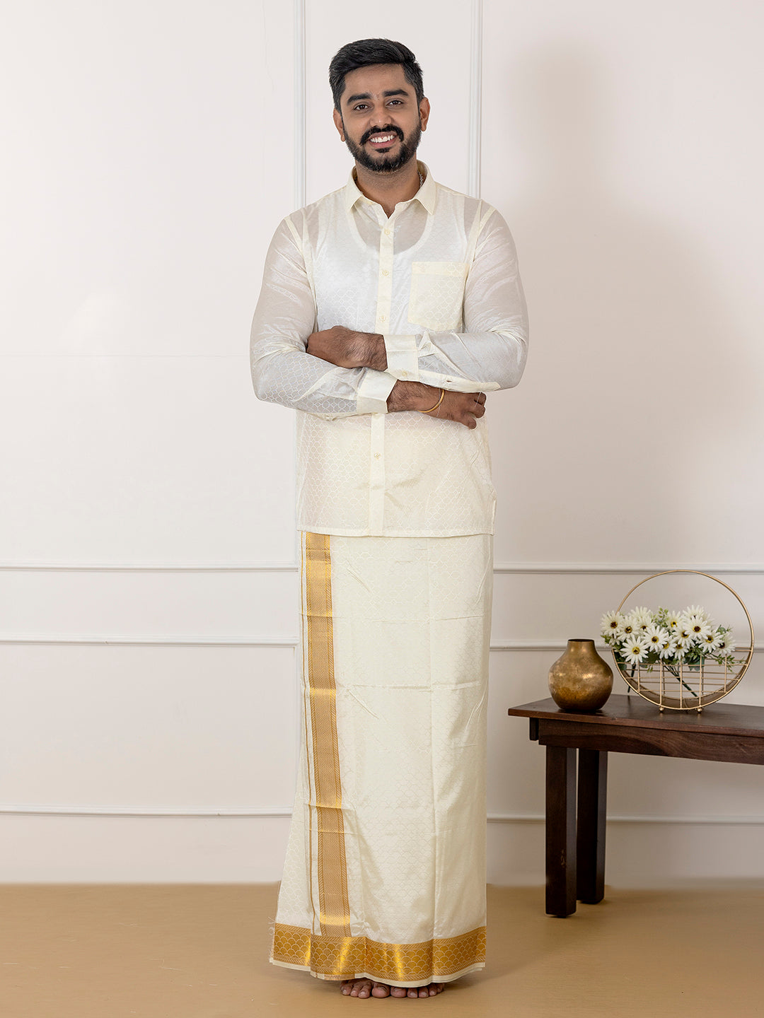 Men Art Silk Cream Self Design Shirt & Dhoti Towel Set Parinayam Grand CRJD2