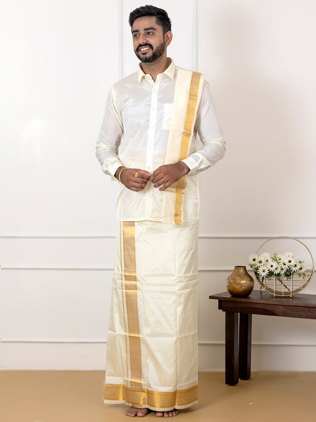 Men Art Silk Cream Self Design Shirt & Dhoti Towel Set Parinayam Grand CRJD1