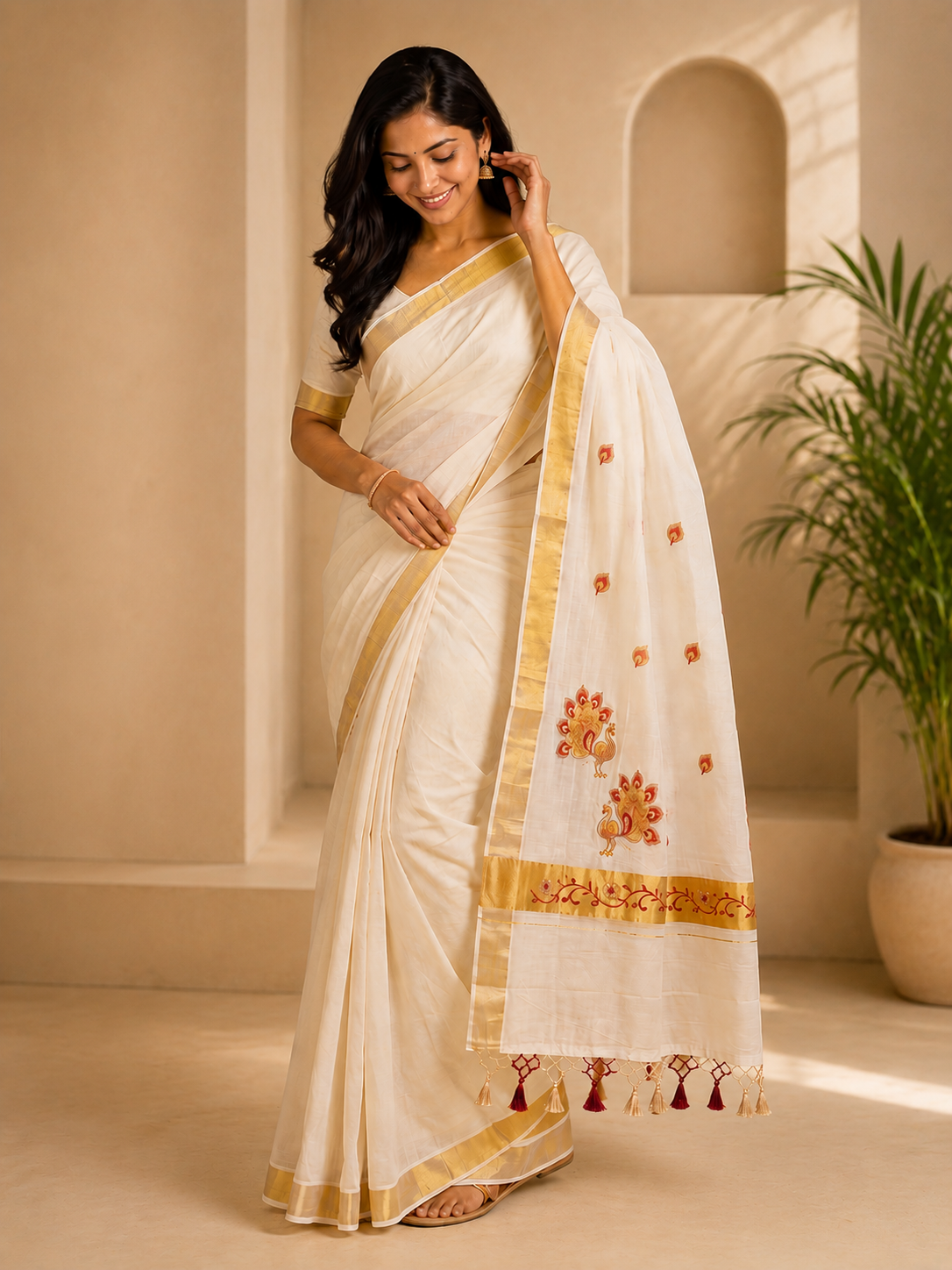 Women Kora Cotton Cream Embroidered Saree with Gold Jari KLS65