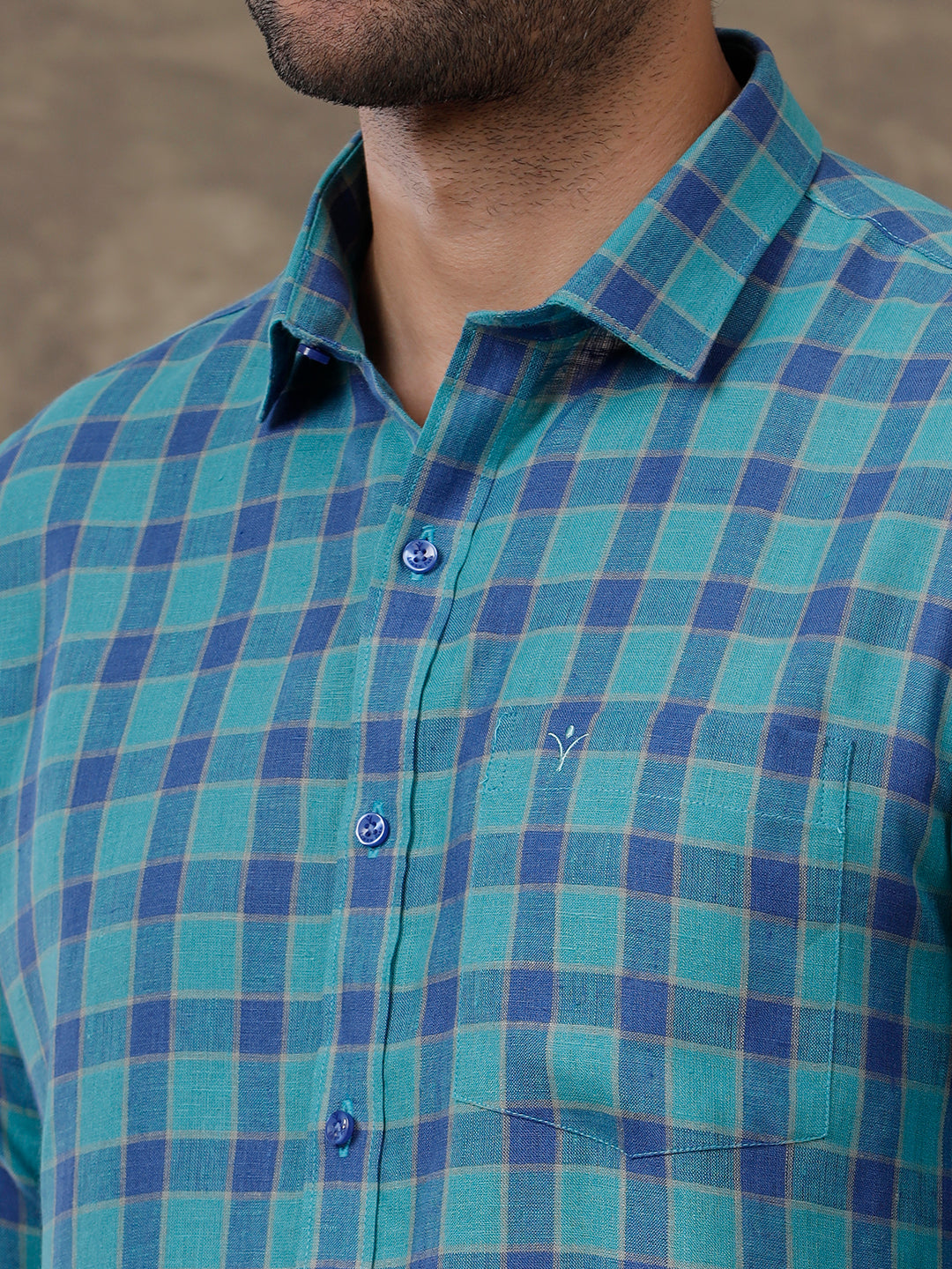 Men Pure Linen Checked Shirt Blue LS58