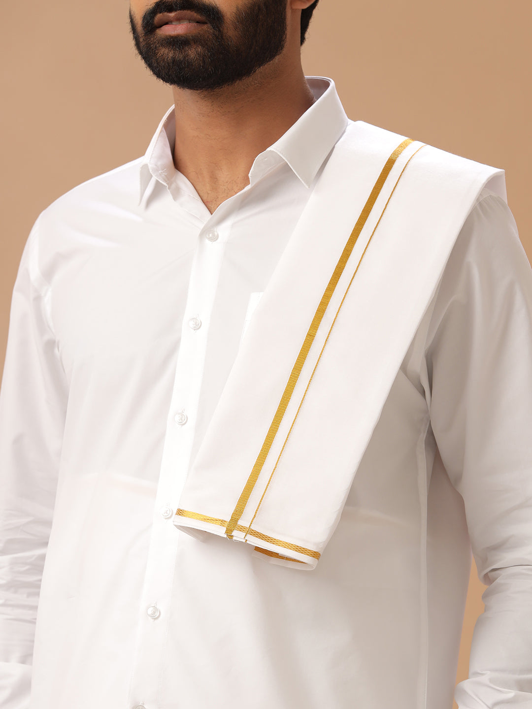 Men 100% Cotton Double Layer White Dhoti & Towel Set with 1/4" Inch Gold Jari Border Kalasadan