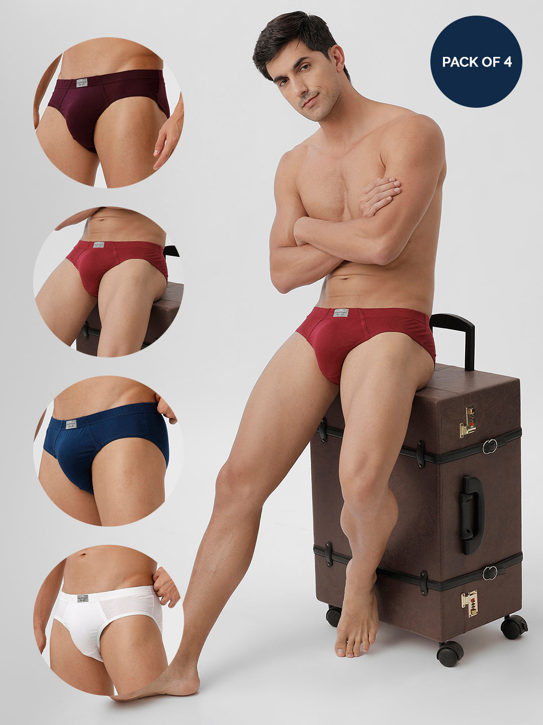 Men Briefs Inner Elastic 4 Pcs Combo GrapeWine Blue White and Cherry Suriya