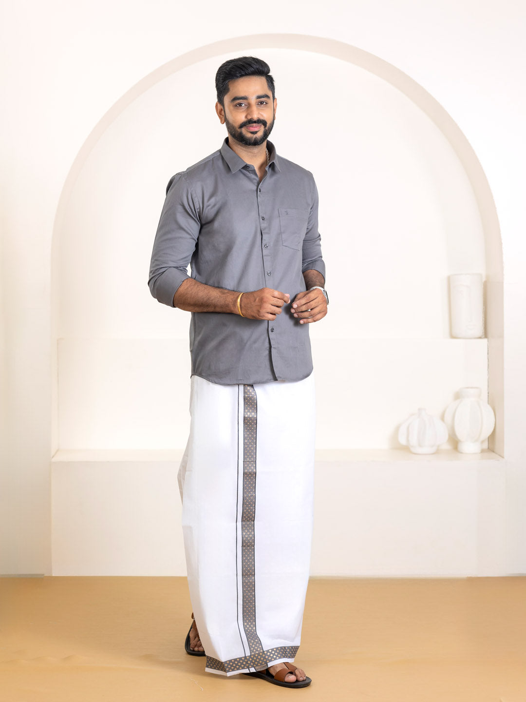 Couple Combo Shirt & Dhoti Set with Saree Grey ASS116