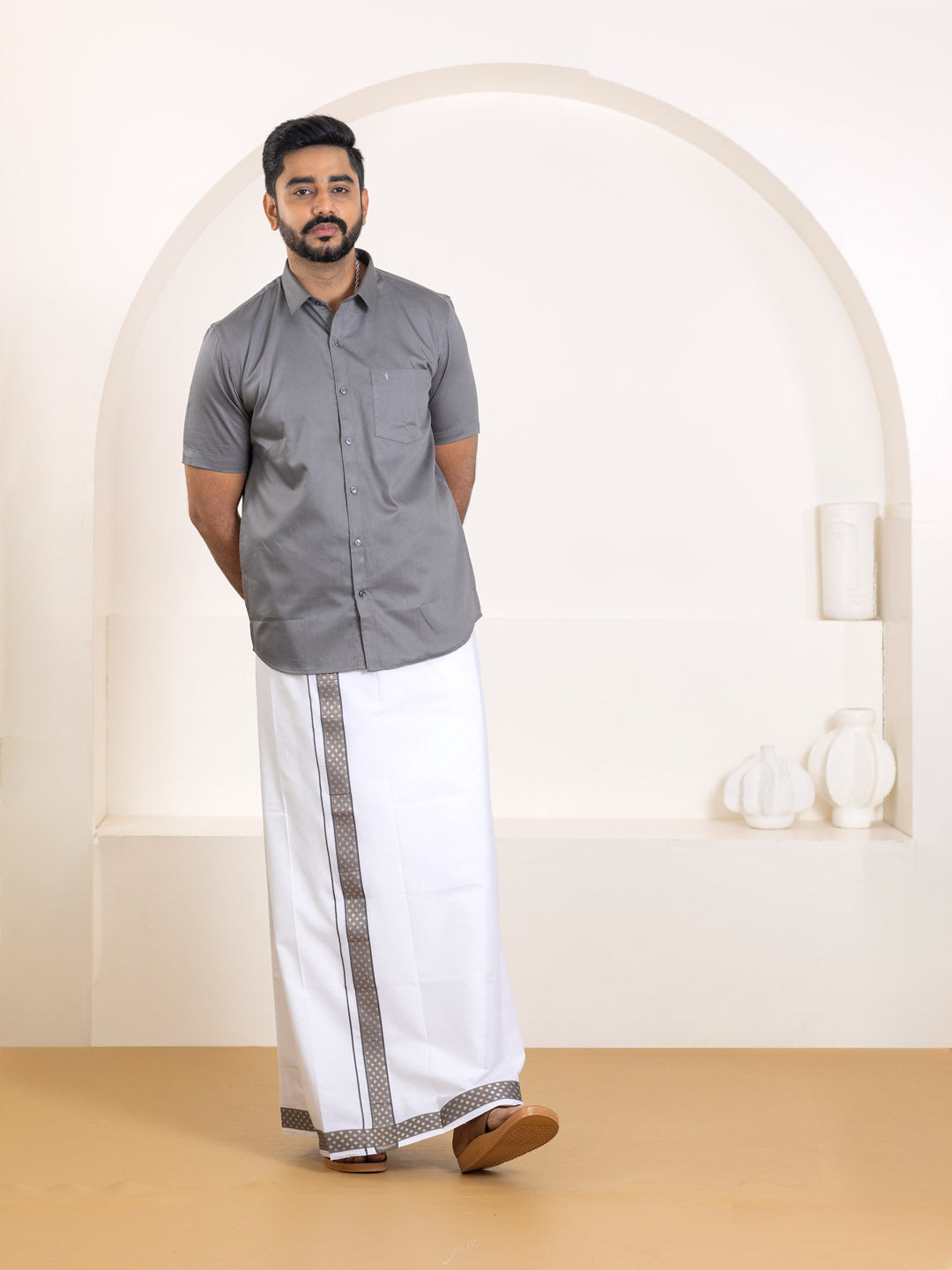 Men 100% Cotton Shuttle Grey Shirt and Fancy Border Dhoti Set BT6
